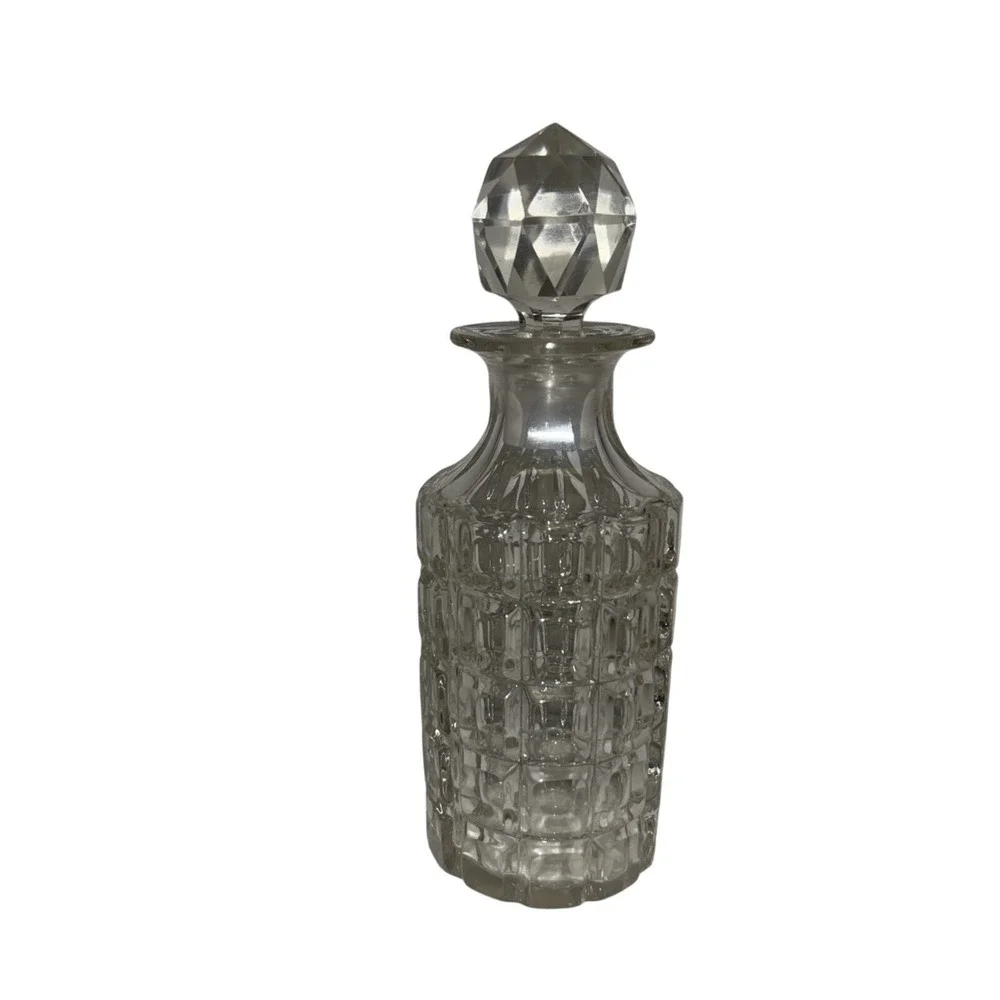 Large Cut Glass Cologne Perfume Bottle Stopper Cube Design 1940's MCM Glamour
